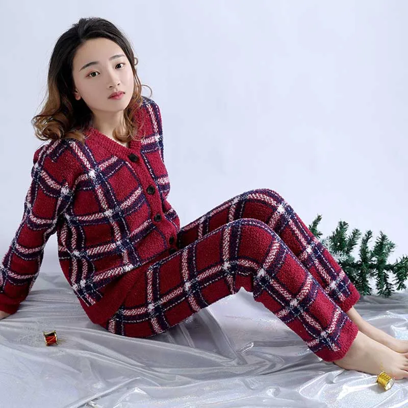 

2021 New Casual Fashion Half Flannel Lady Home Suit Home Christmas Cardigan Check Pajama Suit