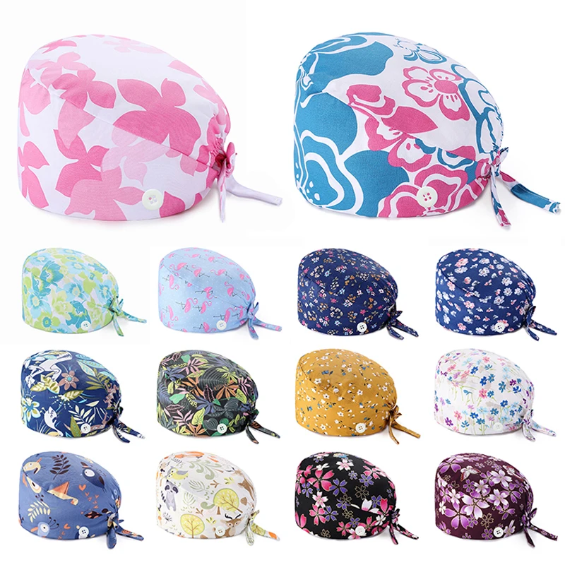 

Button Surgical Cap Print Pharmacy Pet Shop Women Doctors Cap Floral Nurse Fashion Classic Sweat-absorbent Towel Surgical Cap