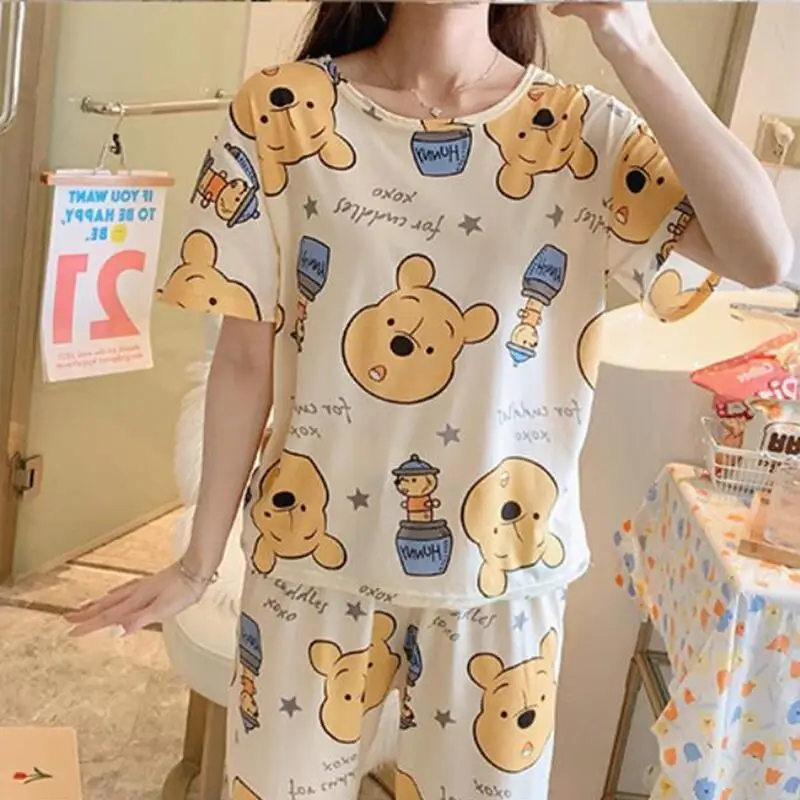 

2021 New Summer Milk Silk Short-Sleeved Trousers Suit Cute Cartoon Pajamas Girls Outer Wear Home Service Suit Female Lingerie
