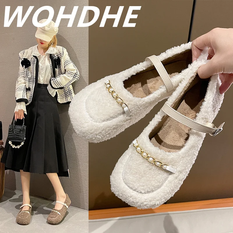 

WOHDHE Women Wool Slippers Low Heel Loafers Outdoor Shoes Ladies Concise Solid Fur Punk Soft Comfort Chain Buckle Round Toe