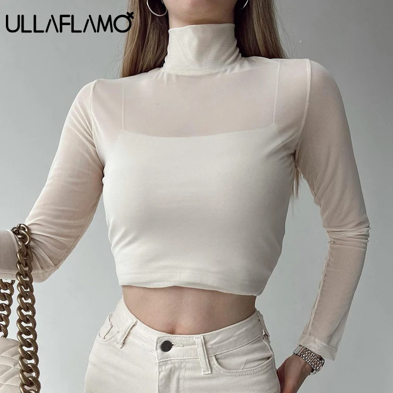 

2022 Spring New Women High Neck Mesh Tee-Shirt Long Sleeve Skinny Perspective Crop Top Chic Fashion Outfits Female Clothing
