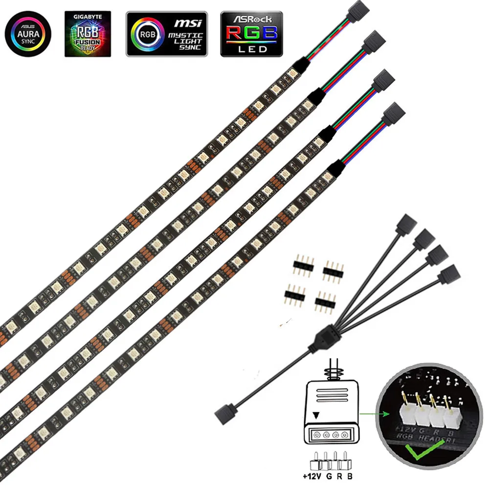 

12V RGB LED Strip Light PC Computer Case 4Pin Headers Black PCB LED Ribbon Mainboard Control Panel RGB Header Gamer Cabinet Tape