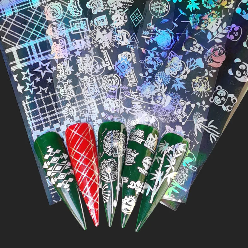 WUF голографические Фольга для ногтей пламя Одуванчик панда бамбук переводная