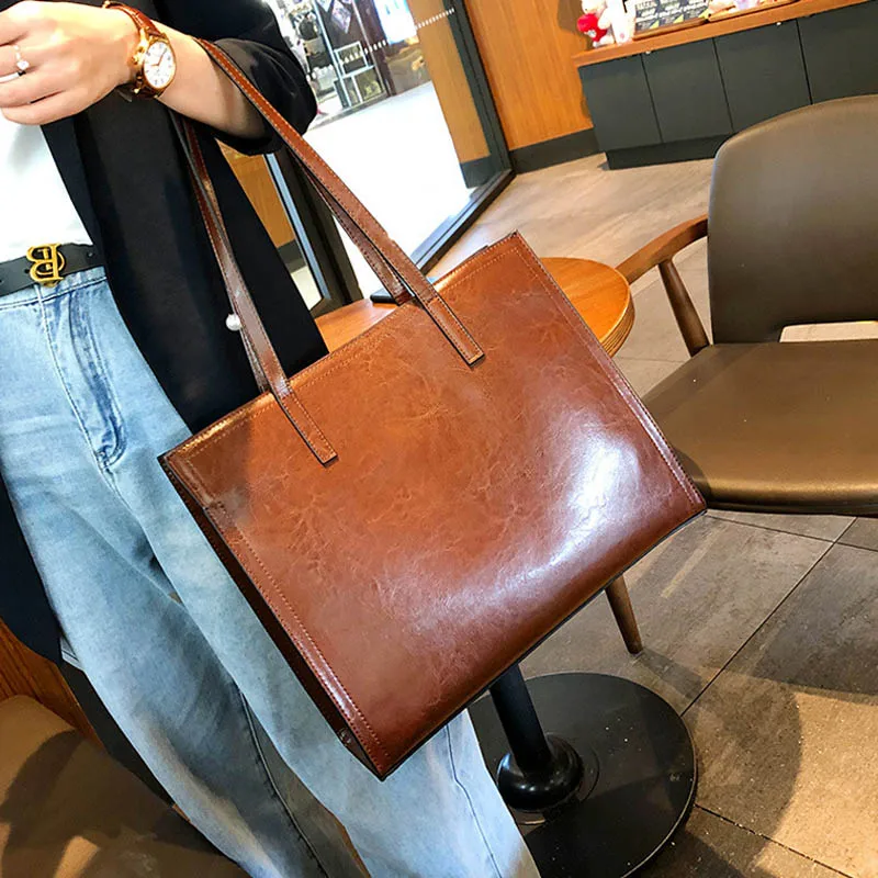 

New Cowhide large bag female 2020 new hit color shoulder bag fashion casual handbag female leather large capacity female bag