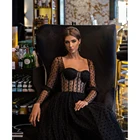 Черные элегантные платья для выпускного вечера 2021 с длинным рукавом без бретелек из фатина трапециевидного силуэта женские красивые Формальные Вечерние платья для выпускного вечера