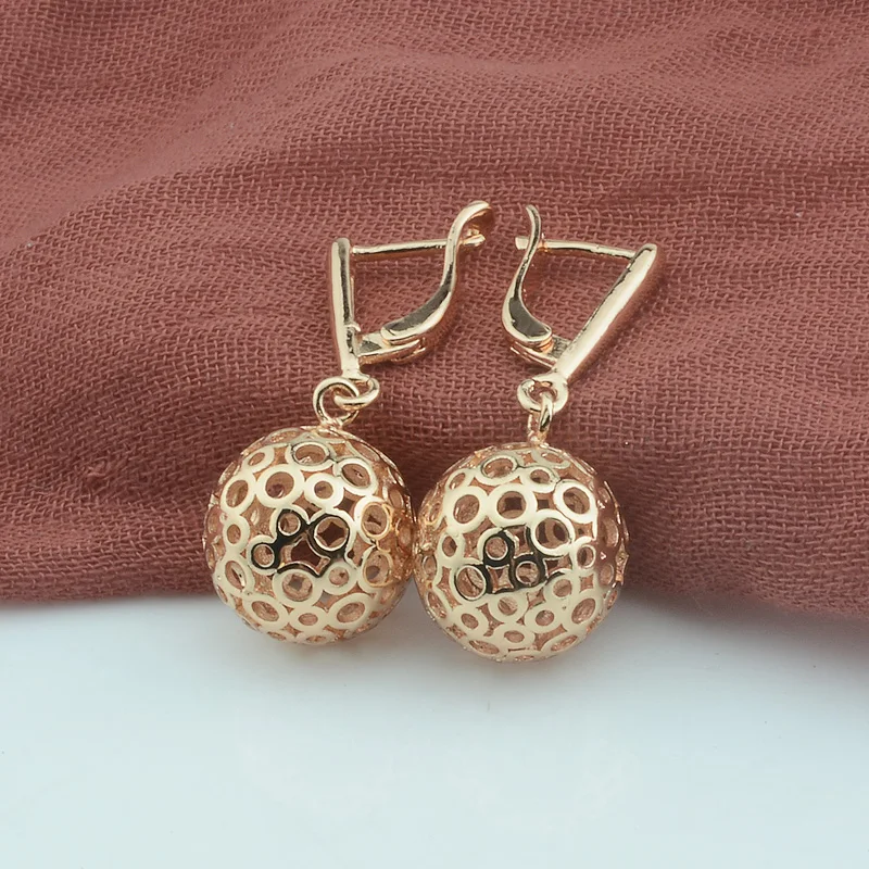 Женские серьги капельки круглые длинные из розового золота 585 пробы с медным