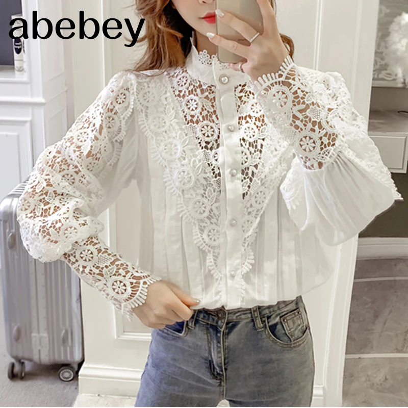 Женская блузка с воротником стойкой длинным рукавом в стиле пэчворк кружевные