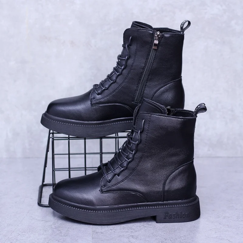 

Women's Shoes 2021 New Flat Bottom Lace-up Martin Boots British Style Side Zipper Handsome Motorcycle Boots Ankle Boots