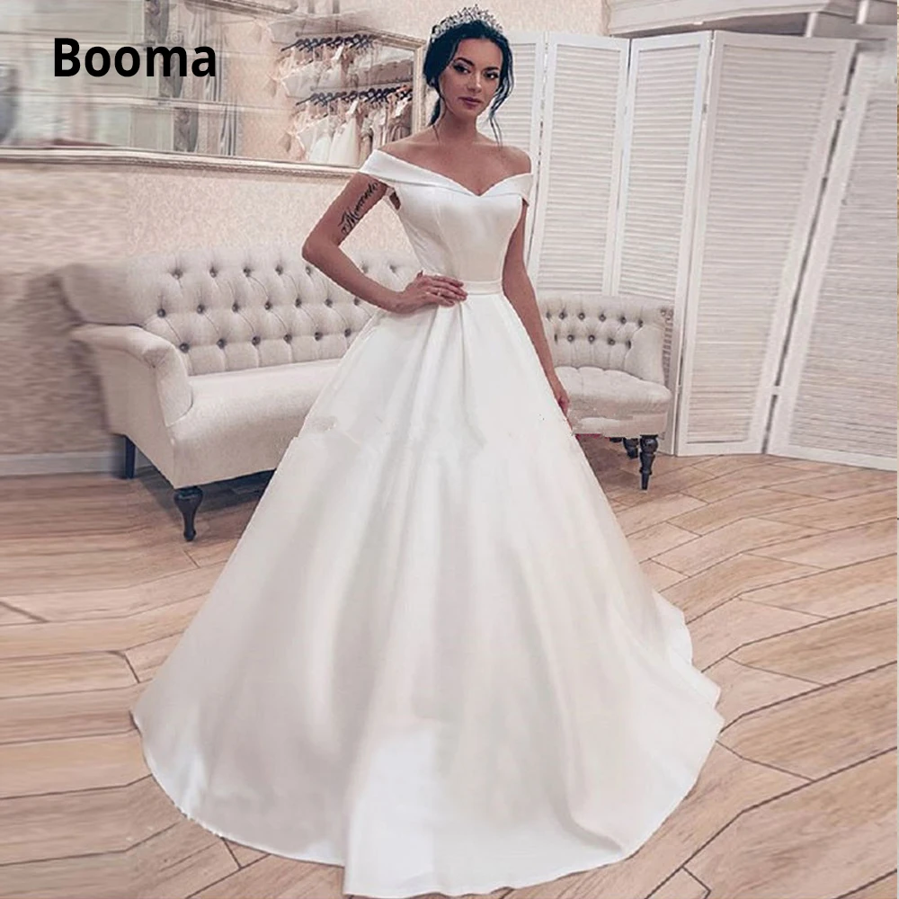 

Высококачественные атласные свадебные платья Booma, свадебное платье на шнуровке с открытыми плечами, Простые Вечерние платья принцессы без рукавов