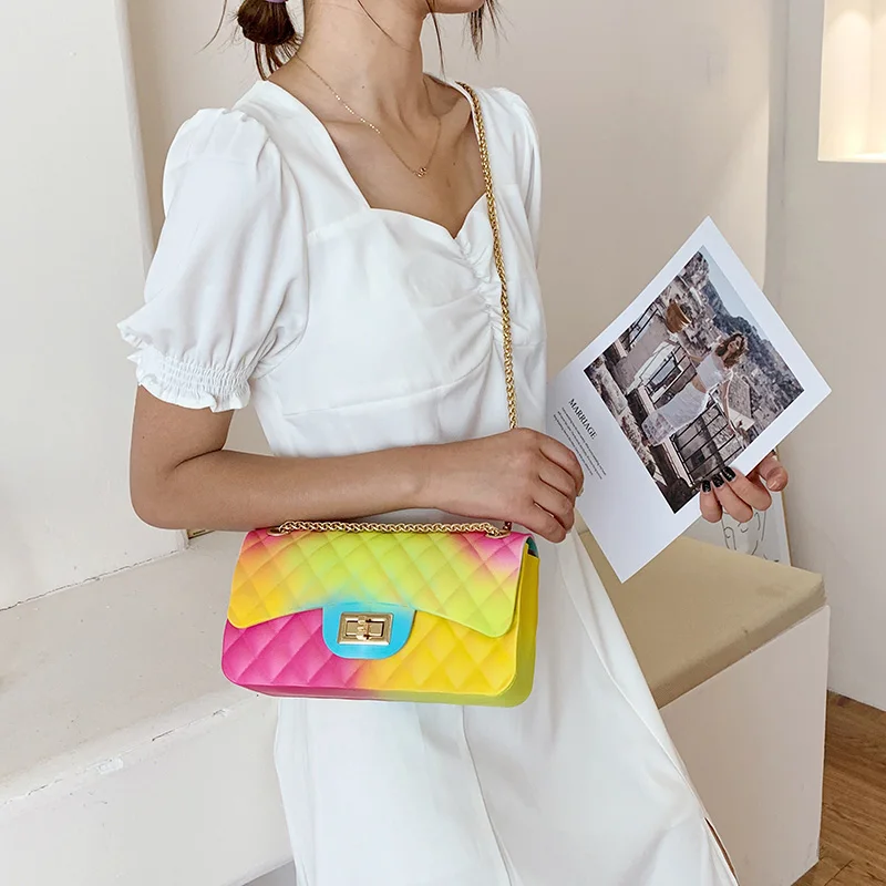 

Модная женская Повседневная Портативная сумка из ПВХ, с цепочкой контрастных цветов, радужная сумка на плечо, сумочки для телефона, ключей