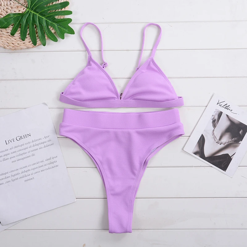 

Push Up Bikini Set Swimsuits High Waist Swimwear Women Ribbed Biquini Bathing Suits Brazilian Bikinis 2021 Purple Bathers new