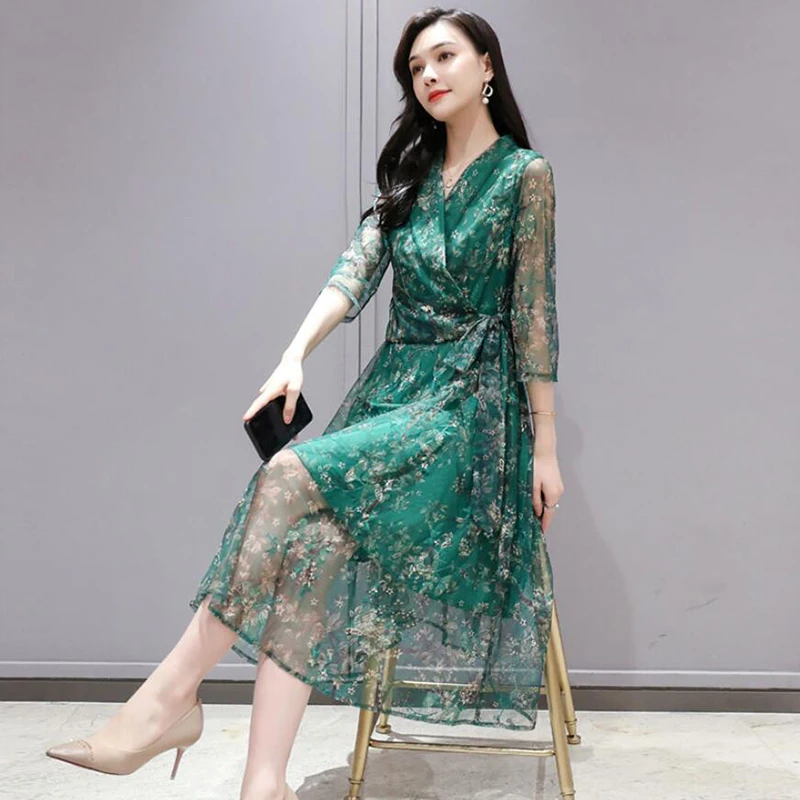 Женское шифоновое платье с цветочным принтом V образным вырезом|Женские платья| |