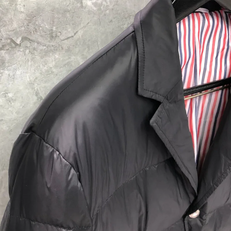 TB THOM Men's Winter Jacket Down Jacket Fashion Brand Black Suit Down-Filled Matte Nylon 4-bar Stripe Notched Wholesale TB Coat