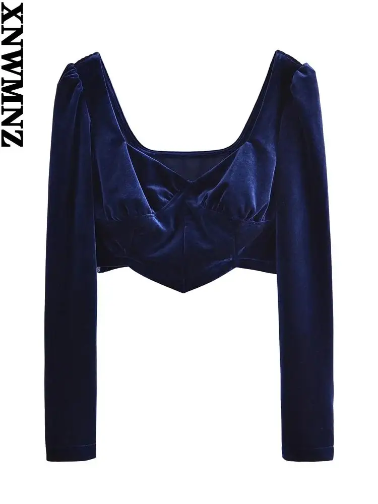 

XNWMNZ женские 2022 za модные вельветовые облегающие укороченные блузки винтажные женские рубашки с квадратным воротником и длинным рукавом шик...