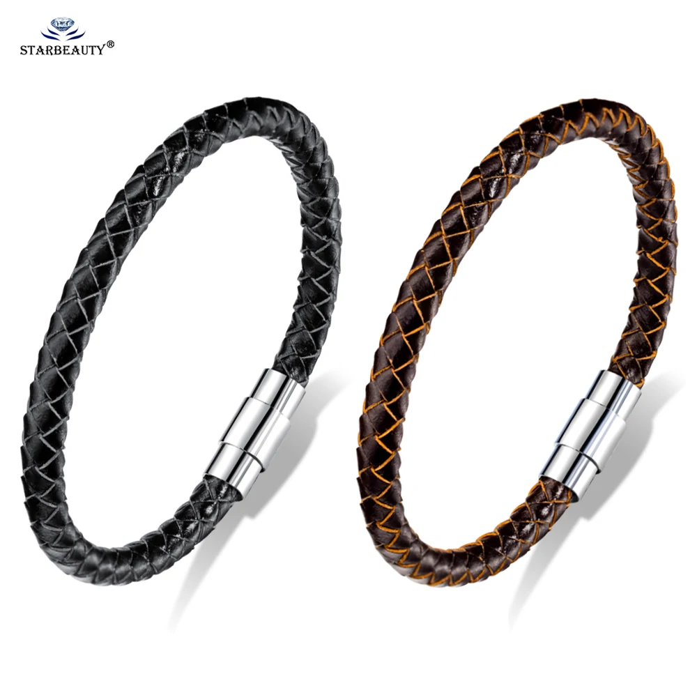 

19/20.5/22cm Quality Magnetic Clasp Woven Brown Black Leather Bracelet for Men Women Thin Male Bracelets Jewelry Deri Bileklik