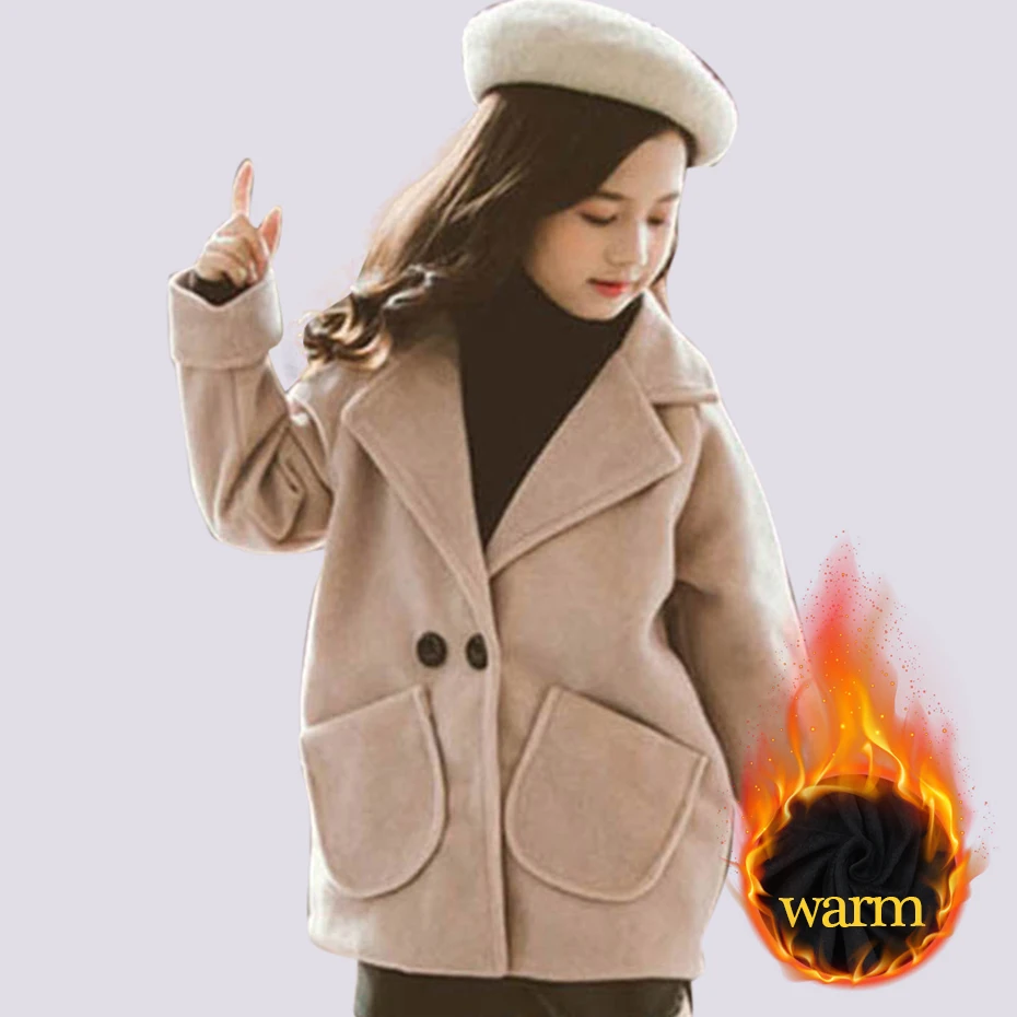Winter Jacket Girl Solid Slim Outerwear Plus Thick Wool Coat For Girls Autumn Korean Kids Clothes 6 8 10 12 14 | Детская одежда и
