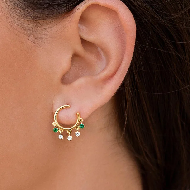 

DAIWUJAN Bohemian Multicolor Zircon Tassel C Shaped Statement Earrings Retro 925 Sterling Silver Stud Earrings For Women Jewelry