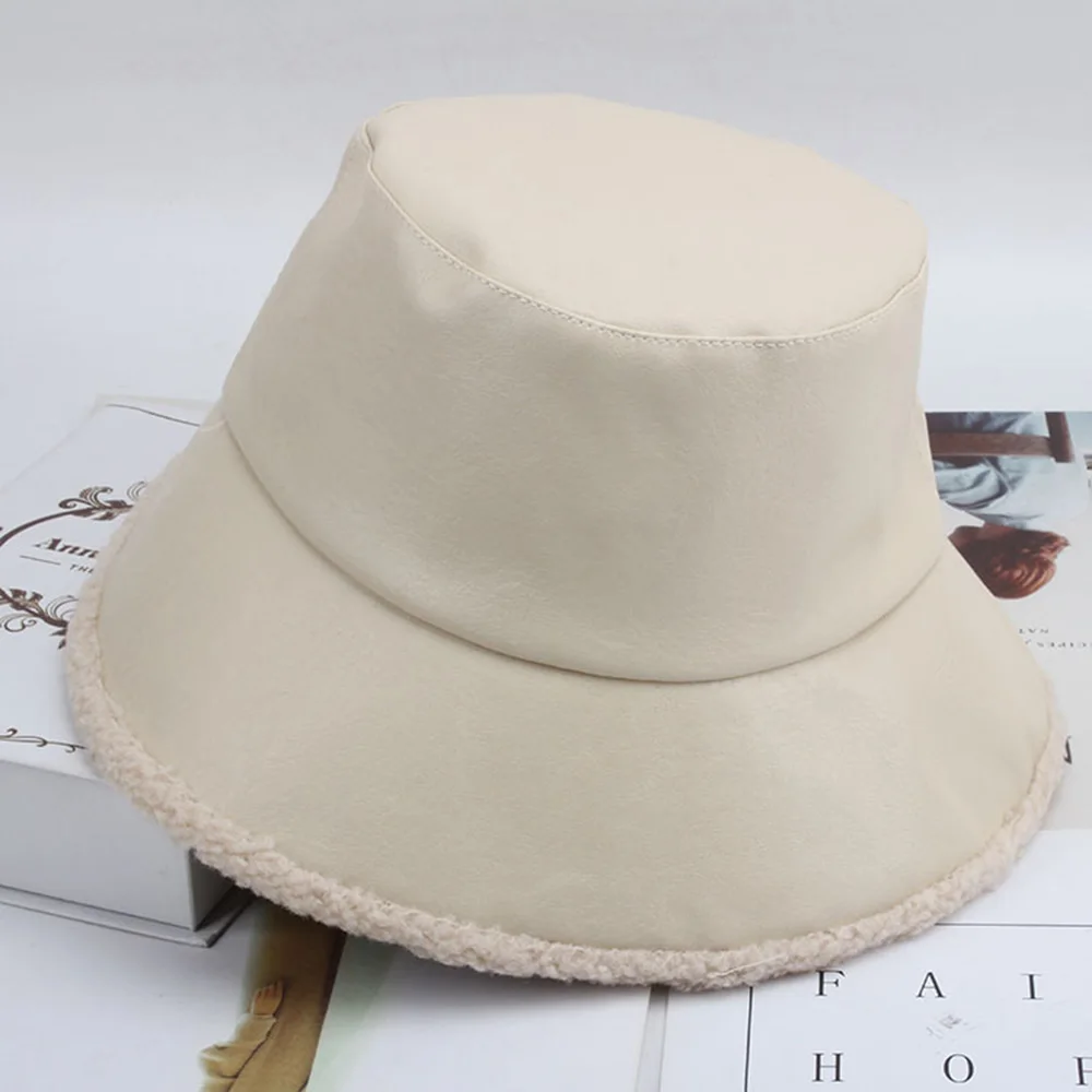 

Women Hat Solid Artificial Fur Warm Female Cap Faux Fur Winter Bucket Hat For Women Outdoor Sunscreen Sun Hat Panama Lady Cap