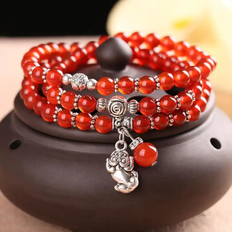 

6MM Natural Chalcedony Bracelet Three Circles Tibetan Silver Pendant Multilayer Bracelet Women Men Handmade Jewellery Wholesale