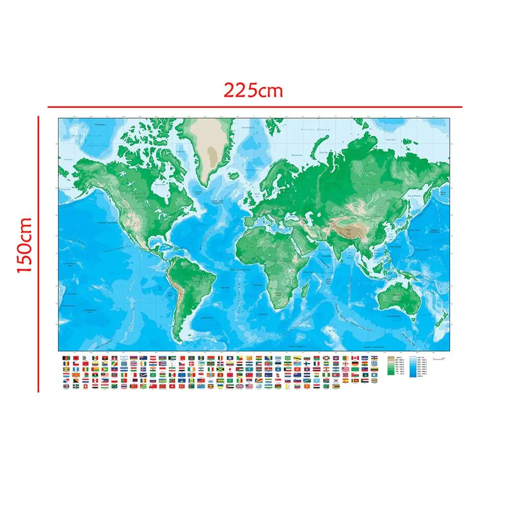 150x225 см карта мира проекция Меркатора Нетканая высоты с национальным флагом |
