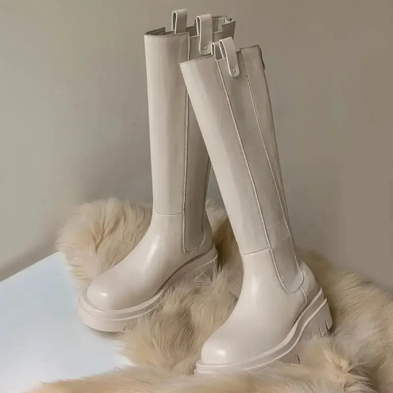 

NAUSK 2021 New Knee-high Boots Women's Shoes Leather Platform Riding Boots Zipper Ladies Boots Autumn Beige Black 40