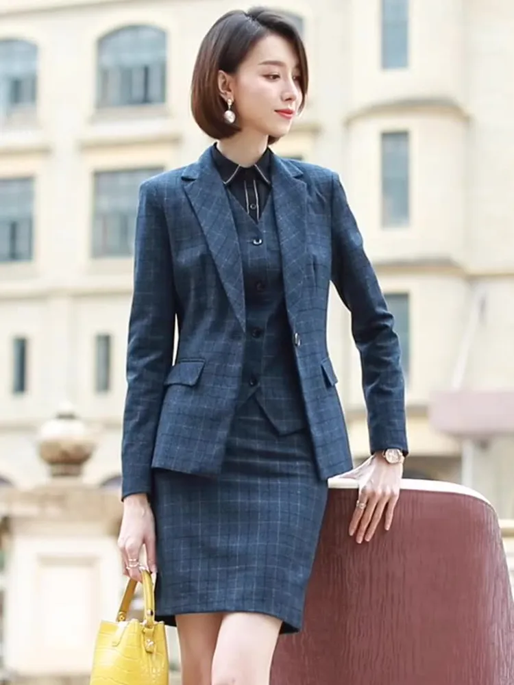 Женский деловой костюм из 3 предметов жилет брюки и Блейзер клетчатая куртка