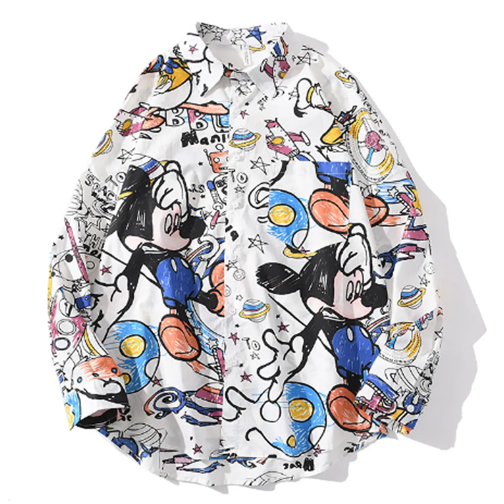 Женская рубашка мужская Свободная в стиле хип-хоп уличная гавайская с мультяшным
