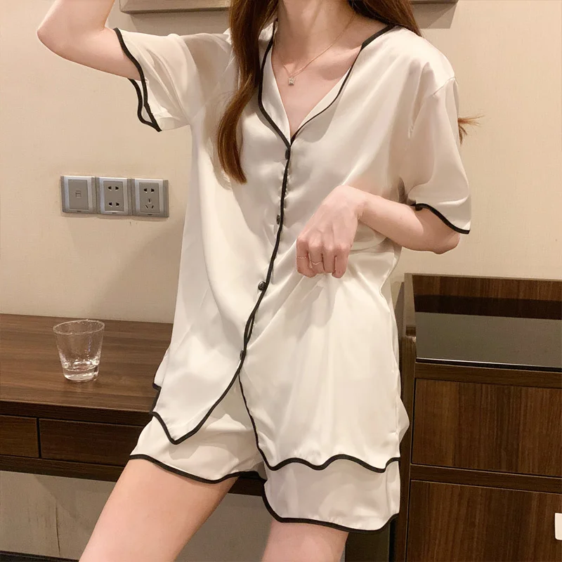 

Summer Pajamas Thin Ice Silk Short Sleeved Korean Cardigan Short Sleeved Women's 2021 New Home Clothes Set