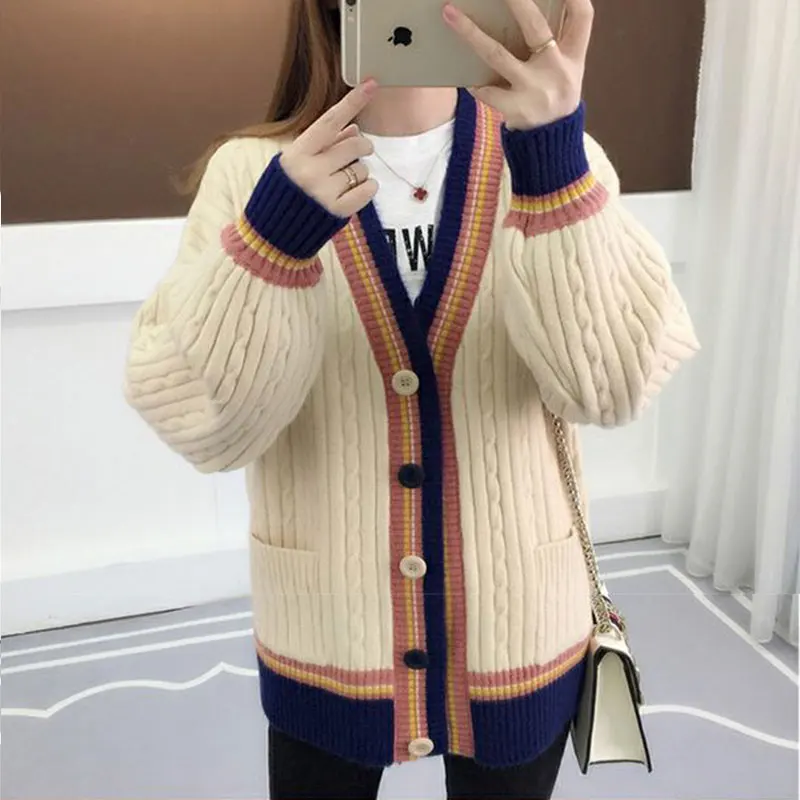Осень Зима Свободный вязаный женский кардиган свитер корейский стиль размера