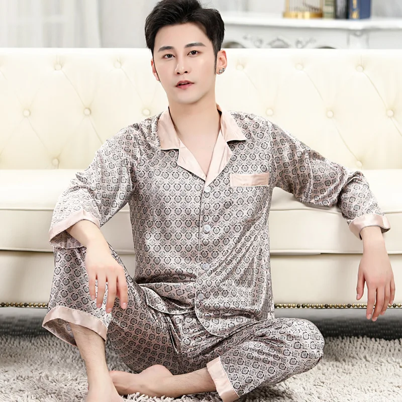 Men's Stain Silk Pajama Set Men's Sleepwears Homme Cozy Satin Nightgown Casual Pajama Men Luxurious Ice Silk Pajamas Long Sleeve