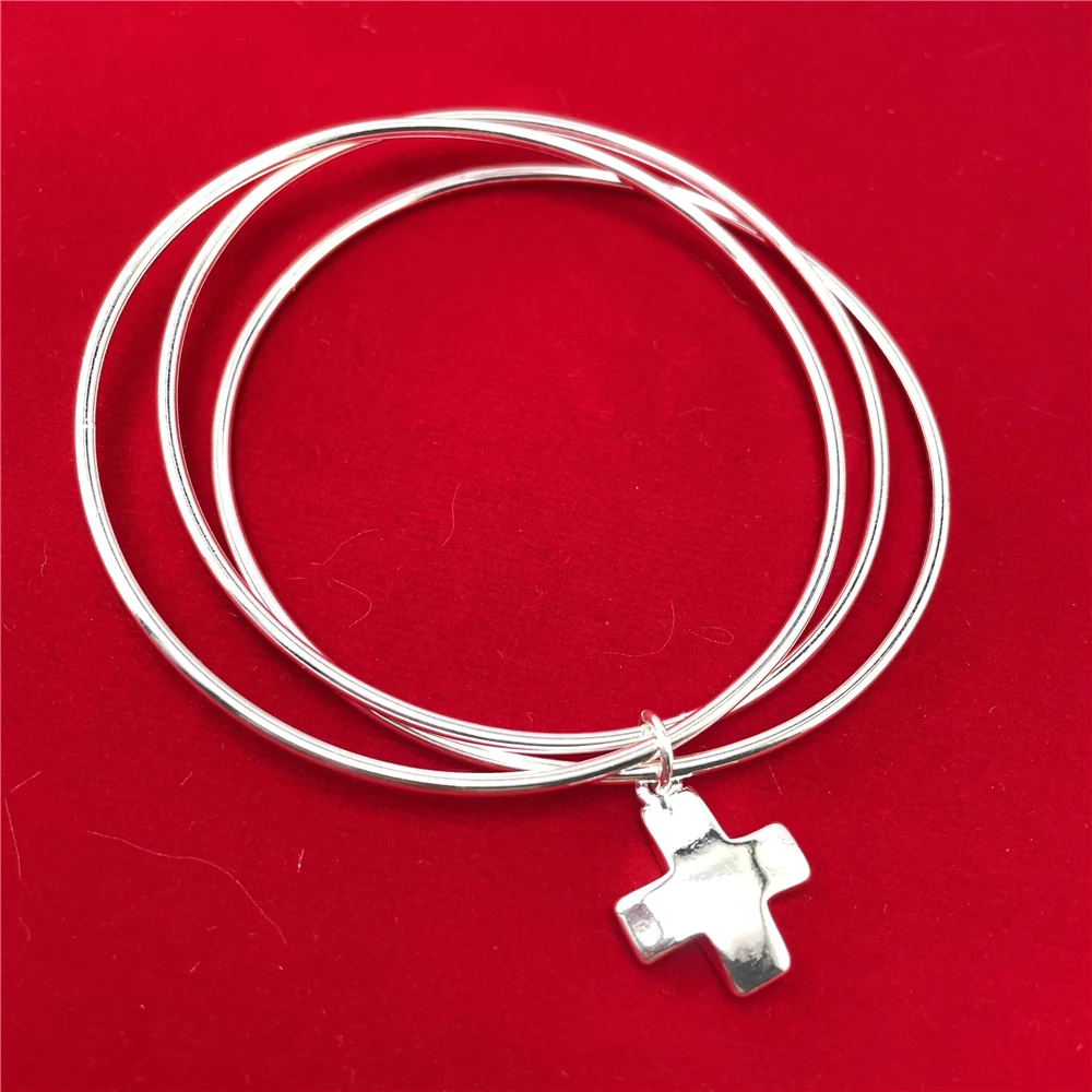 

NEW 925 Sliver Plated Cross Pendant Three Circles Bangle Delicate Jewelry For Women/Girls Trendy Daily Christmas's Gift