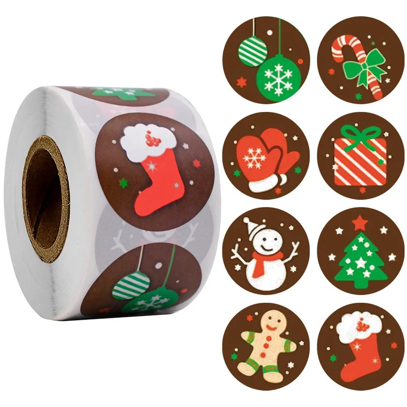 

500Pcs Christmas Gift Box Round Labels Kraft Paper Thank You Sticker Bag Flower Gift Box Cake Boxes Packaging Christmas Stickers
