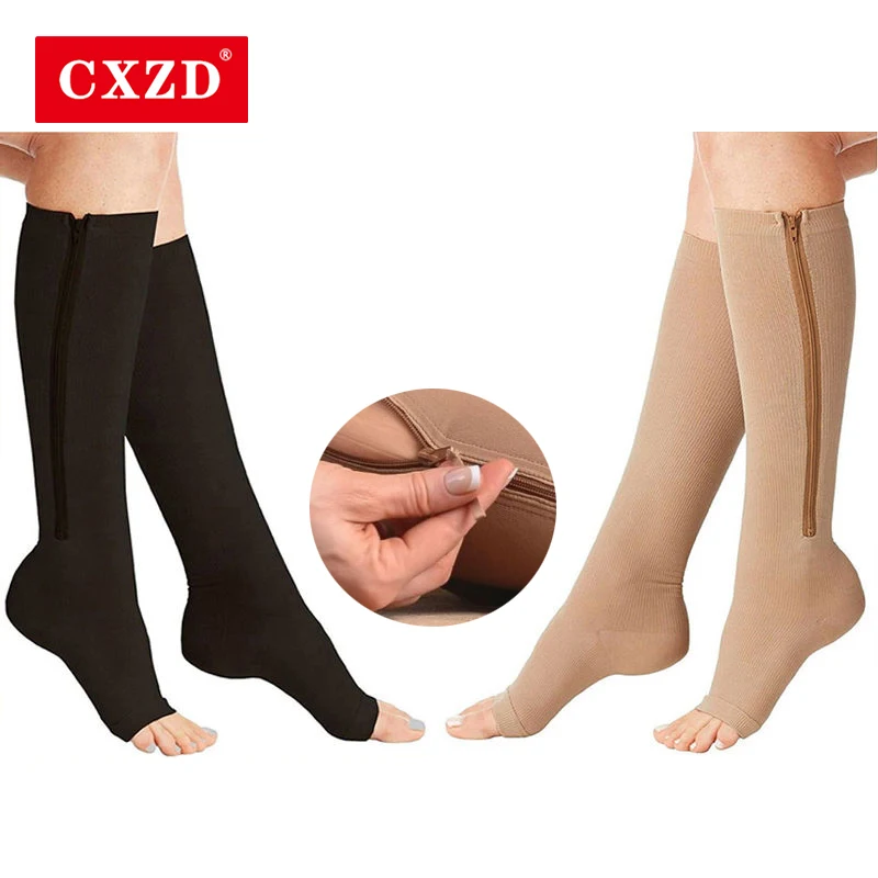 

CXZD New Compression Socks Men Women Support Knee Zipper Socks Female Open Toe Thin Anti-Fatigue Stretchy Sox High Socks Unisex
