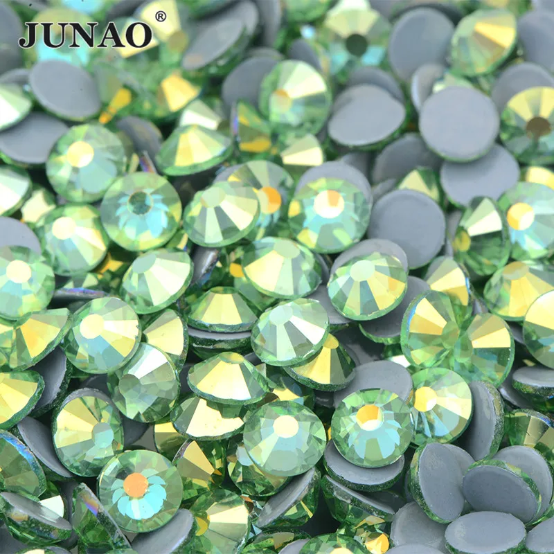 

JUNAO SS 6 8 10 16 20 30 Peridot AB Crystal Hotfix Glass Rhinestone Flatback Iron On Strass Diamond Hot Fix Round Glass Stone