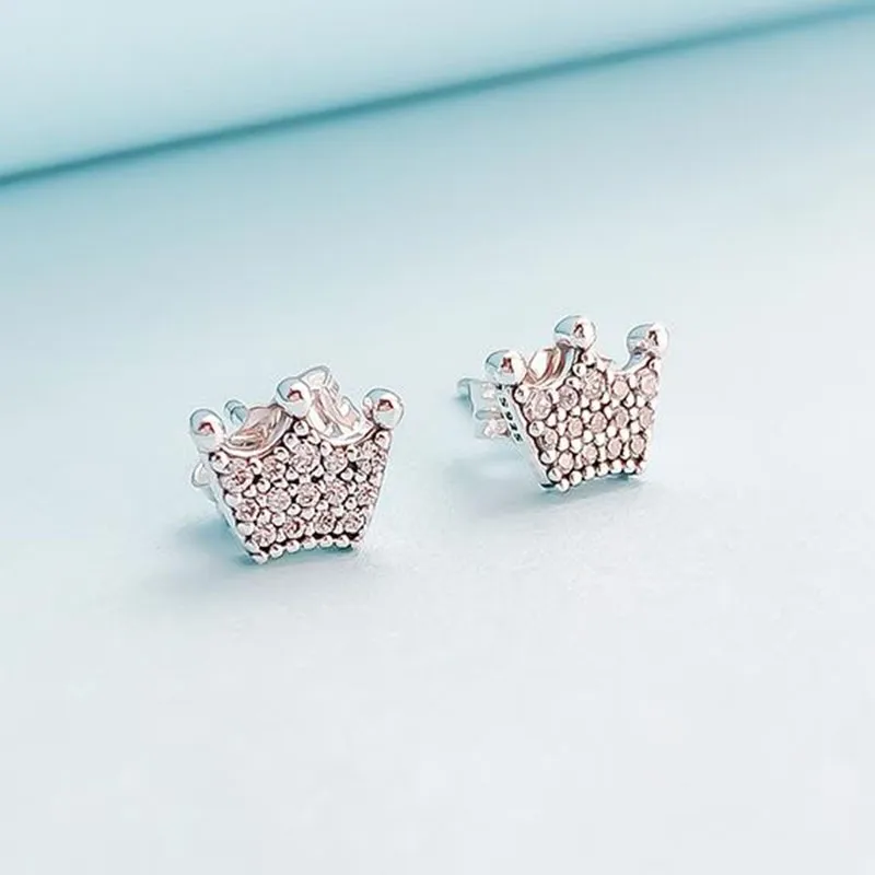 

100% 925 Sterling Silver Fashionable And Shiny Crown With Crystal Pan Earrings For Women Wedding Gift Fashion Jewelry