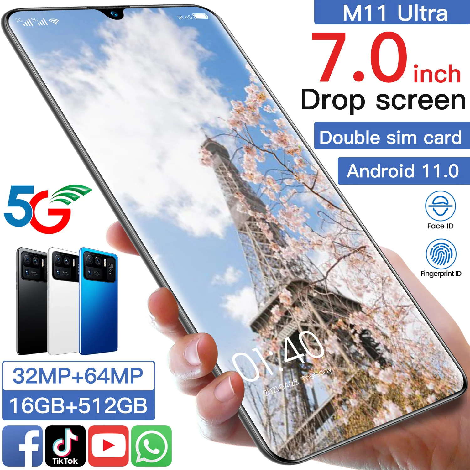 

Smartphone Xiao M11 Ultra 7.0 Inch Snapdragon888 Android11.0 CellPhone 16G 512G Deca Core4G LTE 32+64MP 7200mah Global Version