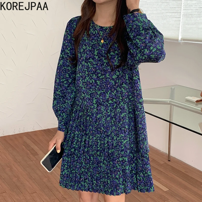 

Korejpaa Women Dress 2021 Autumn Korean Temperament Ladies Retro Round Neck Floral Lantern Sleeve Hem Stitching Pleated Vestidos
