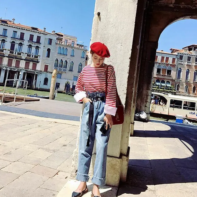 Новая модная одежда для женщин 2019 Осенняя полосатая футболка с длинным рукавом