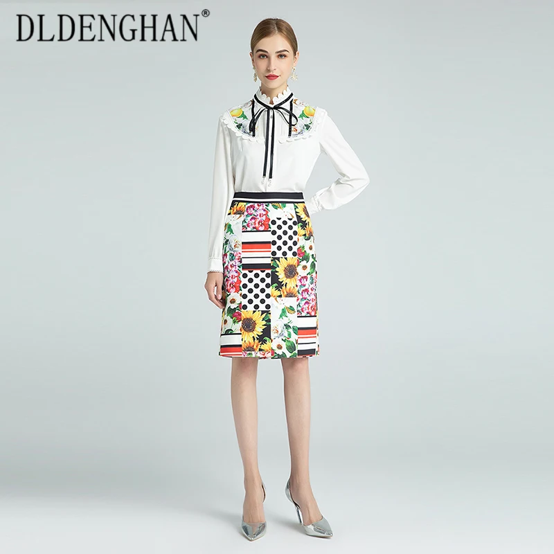 

DLDENGHAN Fashion Designer Spring Set Women's Stand Collar Blouses Tops + Sunflower Floral Print Skirt Two-Piece Sets