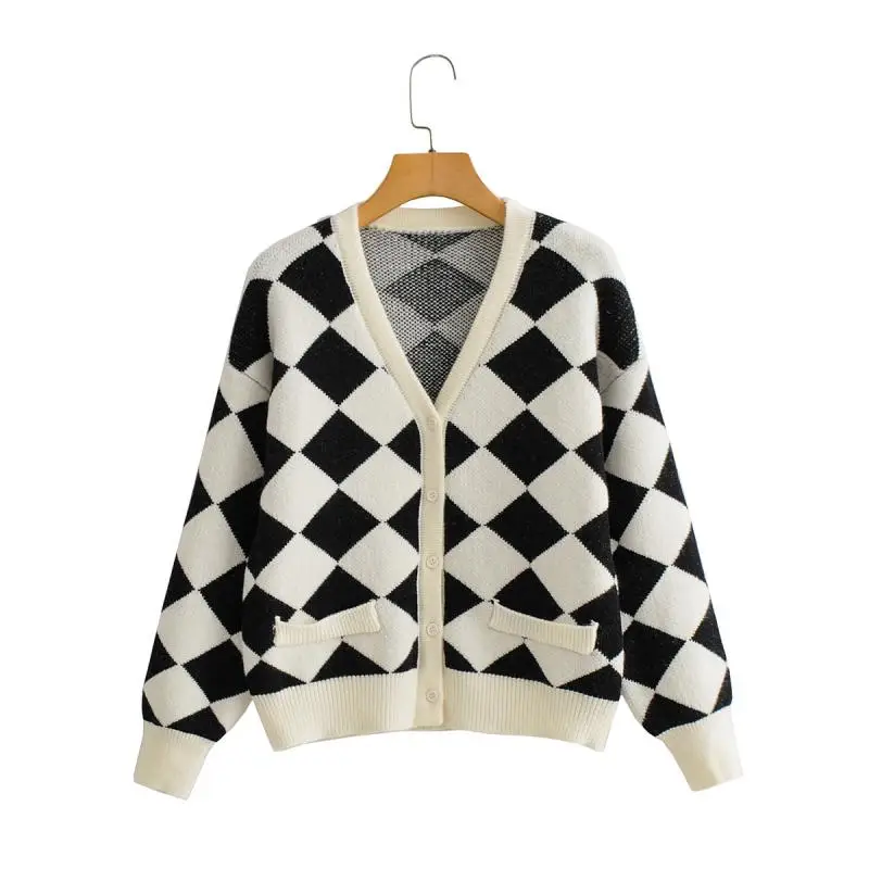 

Женский винтажный кардиган в клетку, повседневный свободный трикотажный свитер с V-образным вырезом, укороченный топ со стразами, Осень-зим...