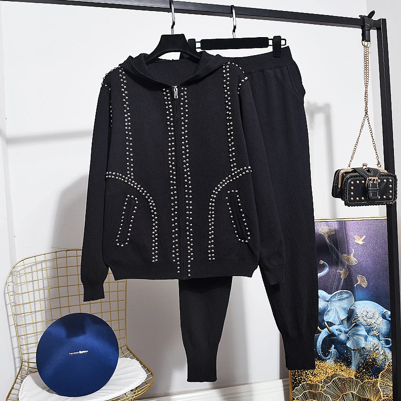

Женский трикотажный кардиган с капюшоном и длинным рукавом, с бисером, повседневные брюки, комплект из двух предметов, G498, осень 2020