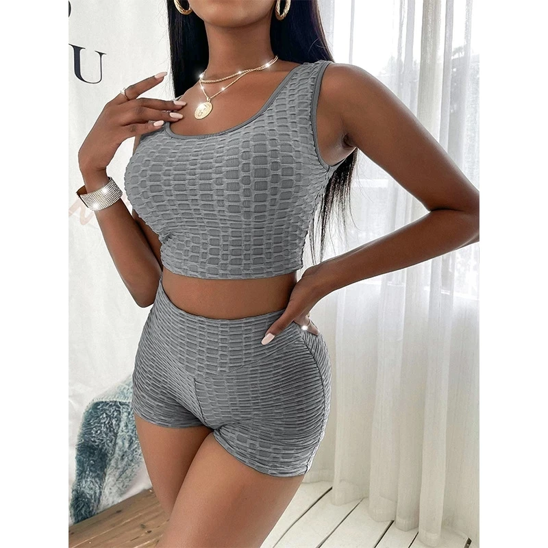 

Летний комплект из двух предметов для йоги, однотонные тренировочные костюмы для фитнеса, женская спортивная одежда, топ без рукавов + шорты...