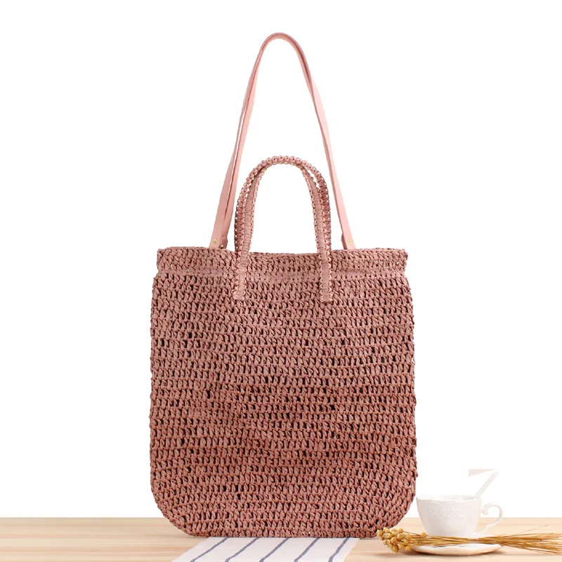 

New Solid Color Hollow Shoulder Hand-Carrying Dual-Use Woven Mori Style Vacation Beach Handmade Straw Bag