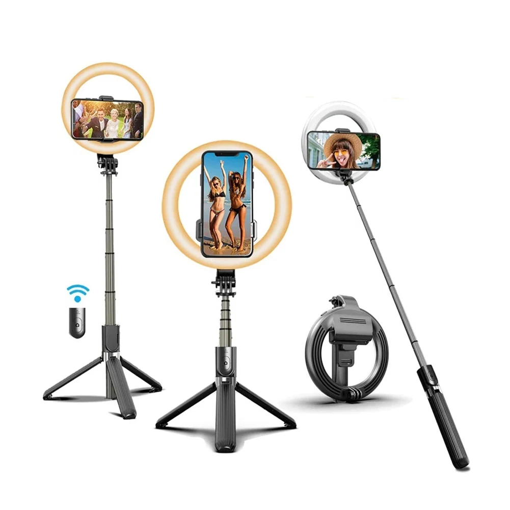 

2021 Novo Sem Fio Bluetooth 4 Em 1selfie Vara Adjustable Brightness Selfie Ring Light Led Camera Perfect For All Kinds Of Selfie