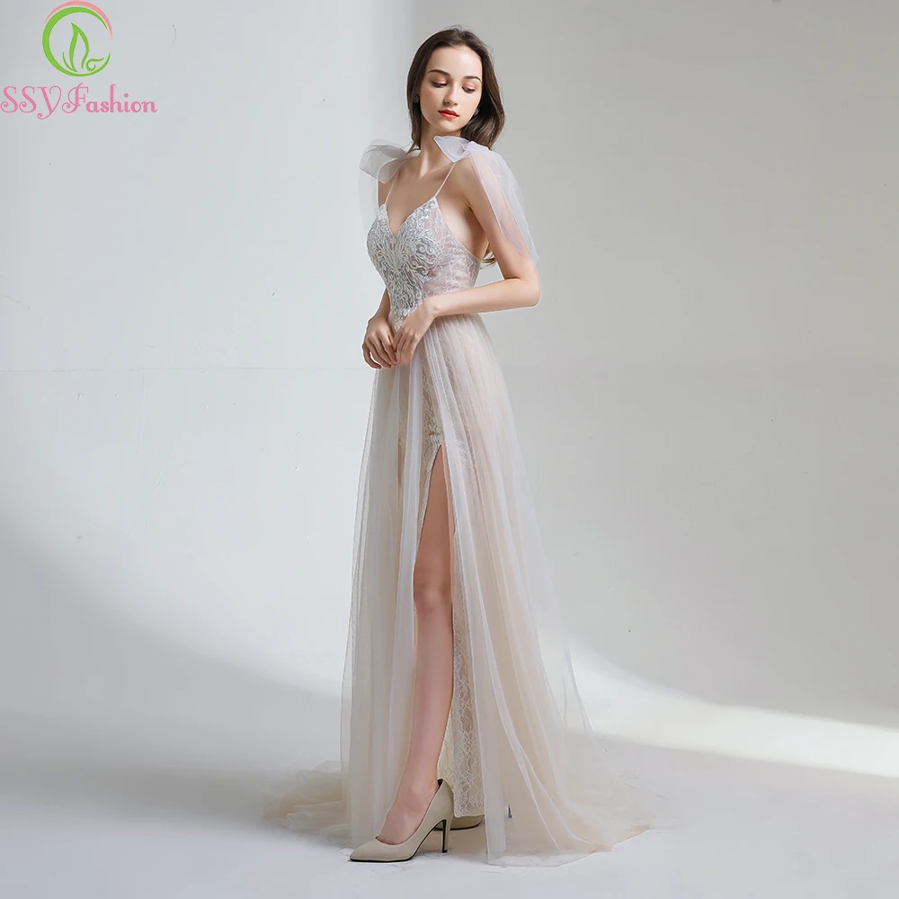 SSYFashion Новое сексуальное кружевное вечернее платье с v-образным вырезом без рукавов со шлейфом и открытой спиной Вечерние платья для выпускного вечера на заказ