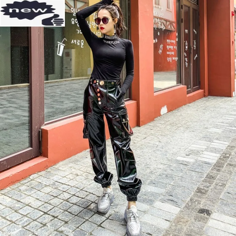 Street Punk Faux Leather Biker Women Personality Loose Fit Pockets High Waist Cargo Pants Female Fashion Trousers