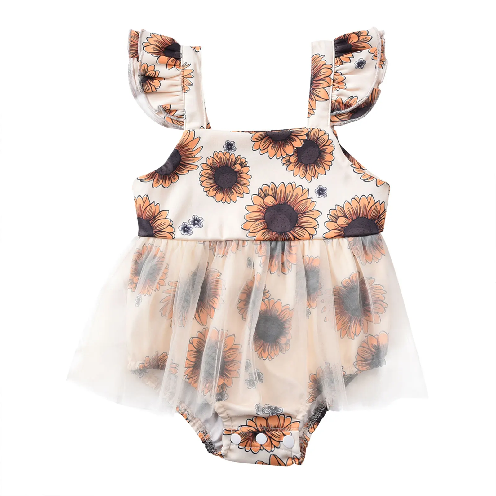 

Infant Fly Sleeve Romper, Summer Baby Girls Sweet Style Sunflower Printing Mesh Splicing Jumpsuit for Travel Vacation
