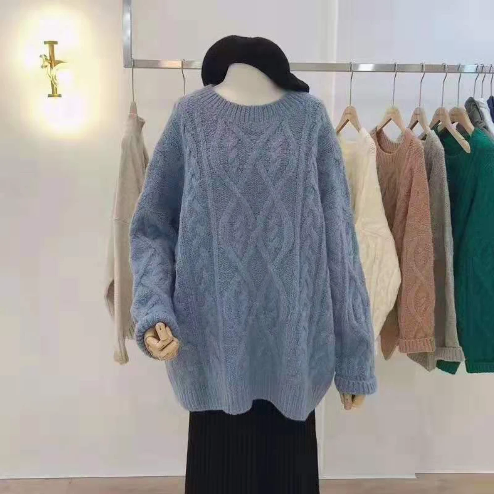 Женский толстый свитер оверсайз с круглым вырезом свободные вязаные Джемперы