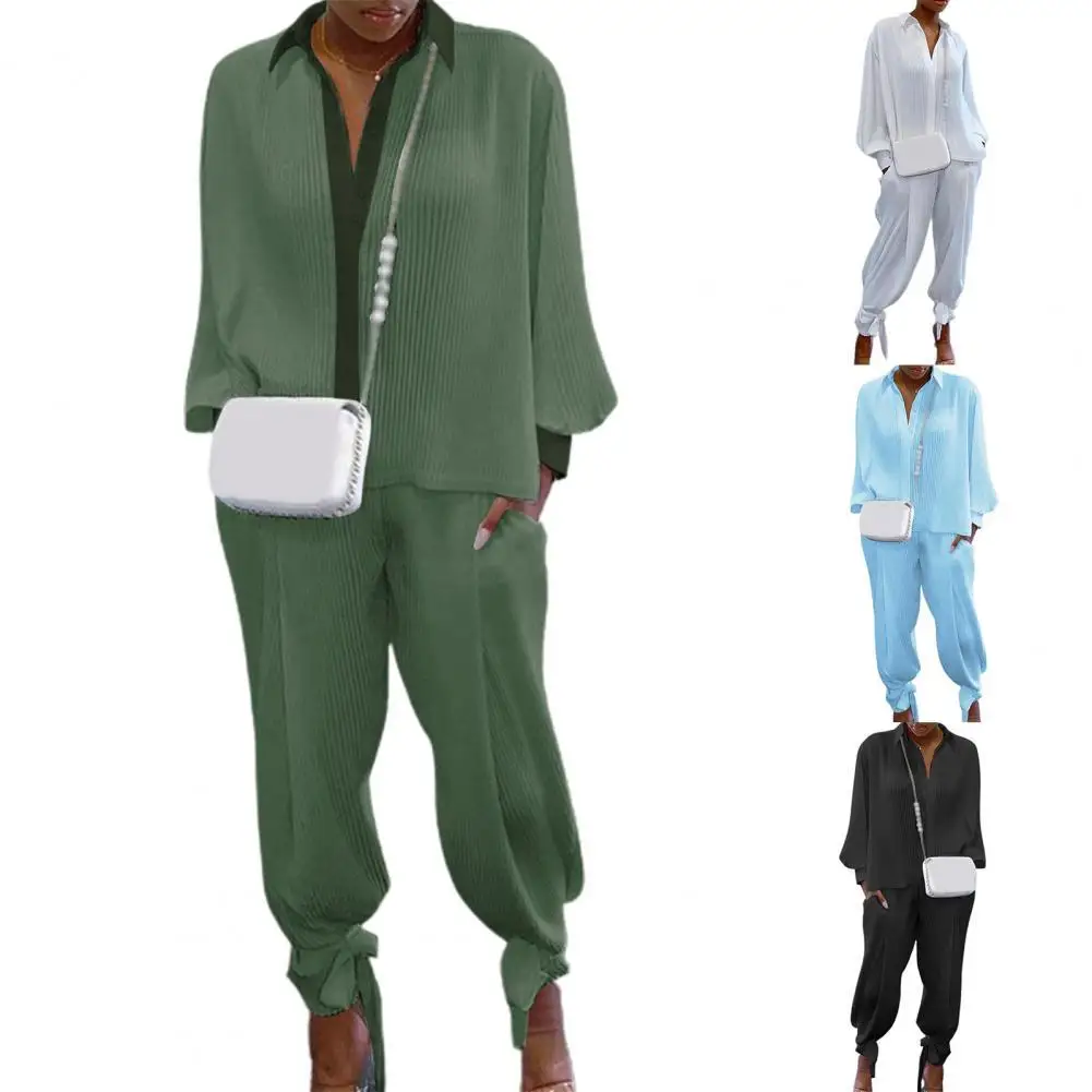 

Summer Women Outfits Long Sleeve Soft Solid Color Women Suit Ribbed Lace Up Hem Top Pants Set Ribbed Lace Up Hem Top Pants Set