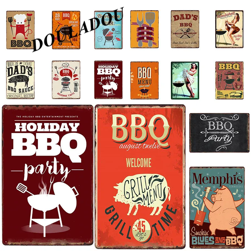 

[Douladou] BBQ Metal Wall Decor Vintage Tin Sign Metal Sign Usa Garden Home Living Pinup Wall Decor Retro Metal Poster 20x30CM